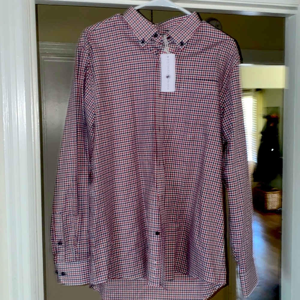 Southern Proper Queen Henning Shirt: Navy/Red/White long sleeve button up